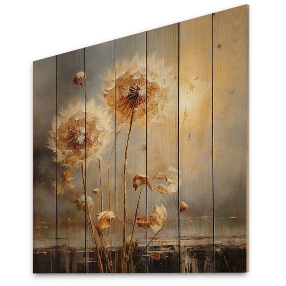 Designart "White Dandelion love expression I" Landscapes Print on Natural Pine Wood