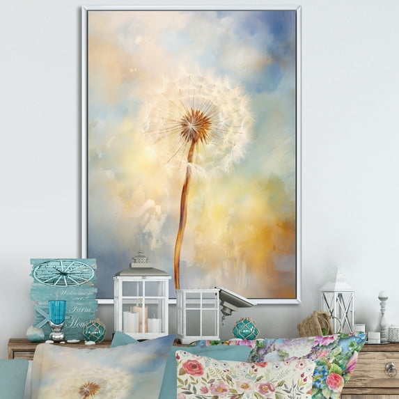 Designart "White Dandelion love expression III" Floral Floater Framed Canvas Wall Art