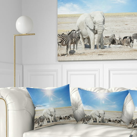 Designart White Elephant and Herd of Zebras - Abstract Throw Pillow - 18x18