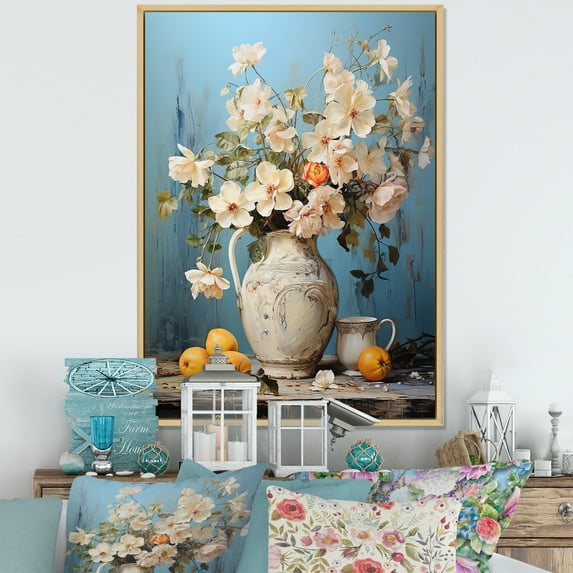 Designart "White Floral Rococo Pottery" Geometric Framed Wall Art - Bohemian White Boho Pottery Hallway Framed Wall Art Decor