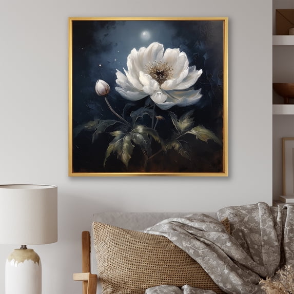 Designart "White Flower Under The Dark Silver Moon" Poppies Floater Framed Canvas Art Print