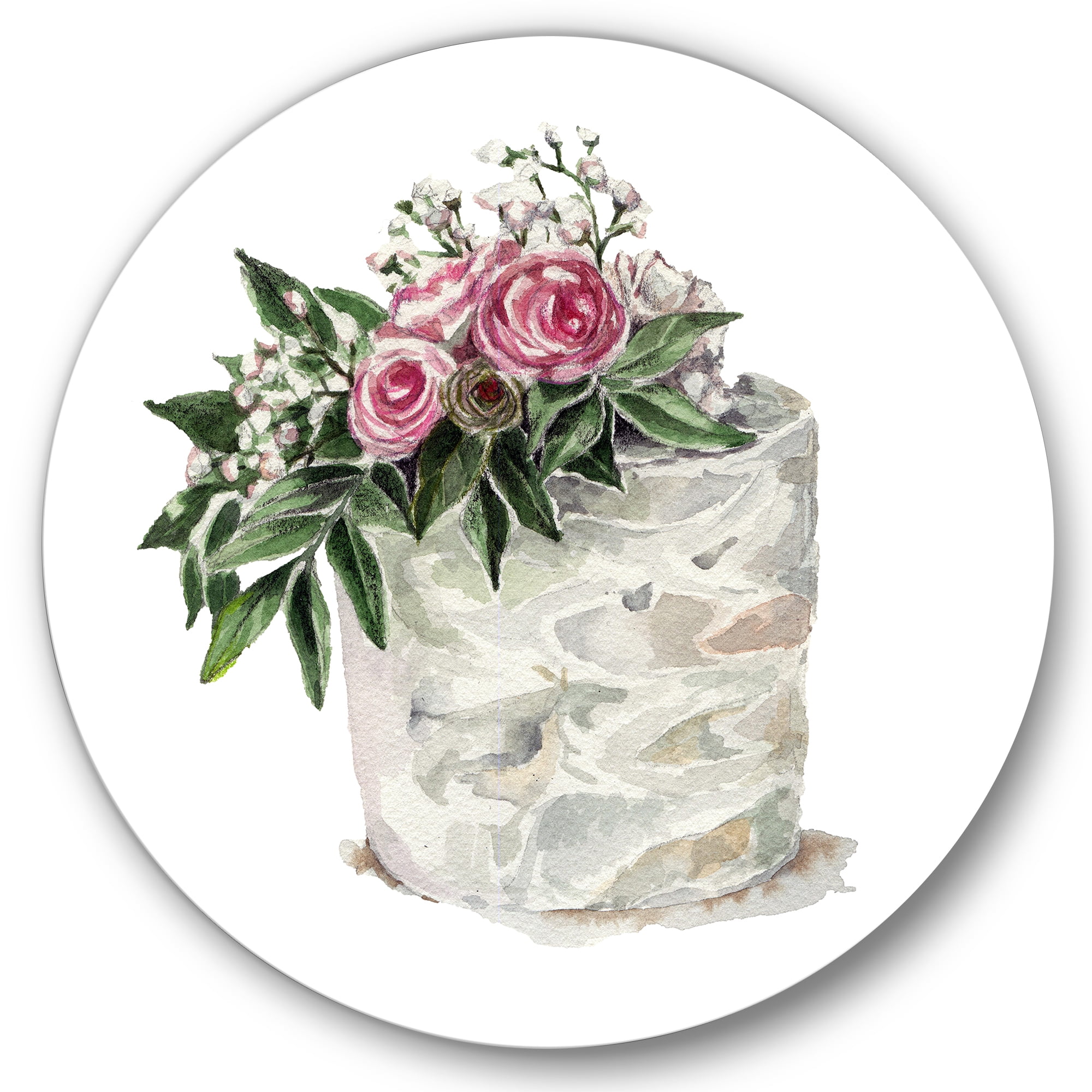 Designart 'White Flowers and Pink Roses On Cake' Traditional Circle Metal Wall Art 29x29 - Disc of 29