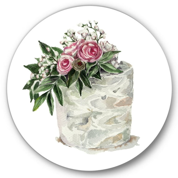 Designart 'White Flowers and Pink Roses On Cake' Traditional Circle Metal Wall Art 29x29 - Disc of 29