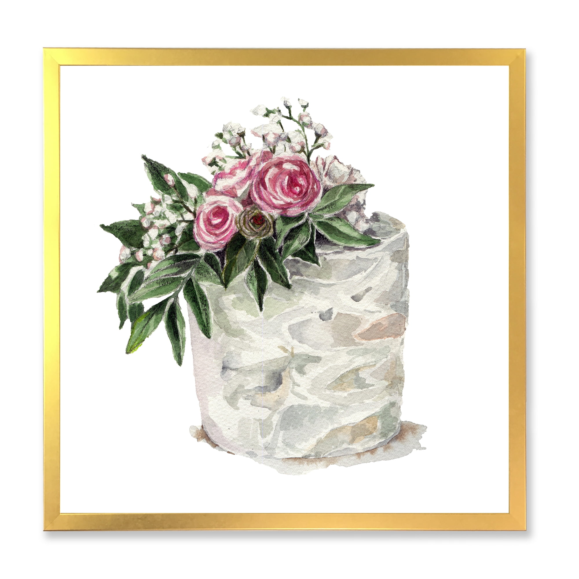 Designart 'White Flowers and Pink Roses On Cake' Traditional Framed Art Print