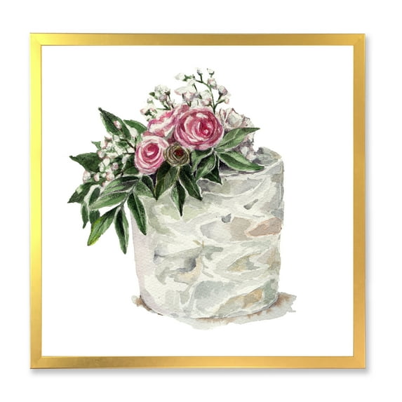 Designart 'White Flowers and Pink Roses On Cake' Traditional Framed Art Print