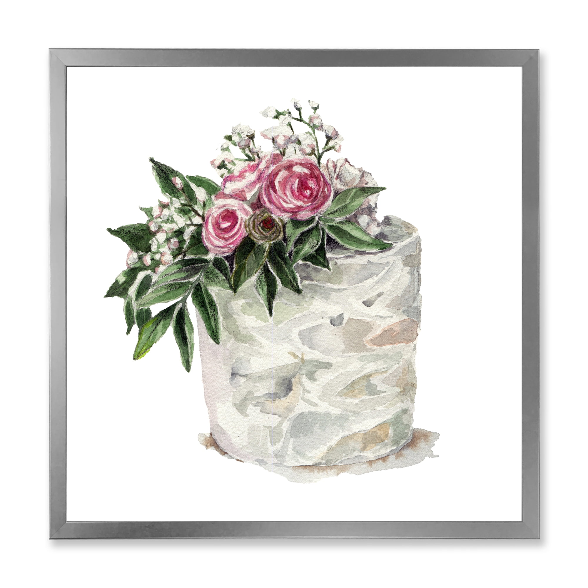Designart 'White Flowers and Pink Roses On Cake' Traditional Framed Art Print