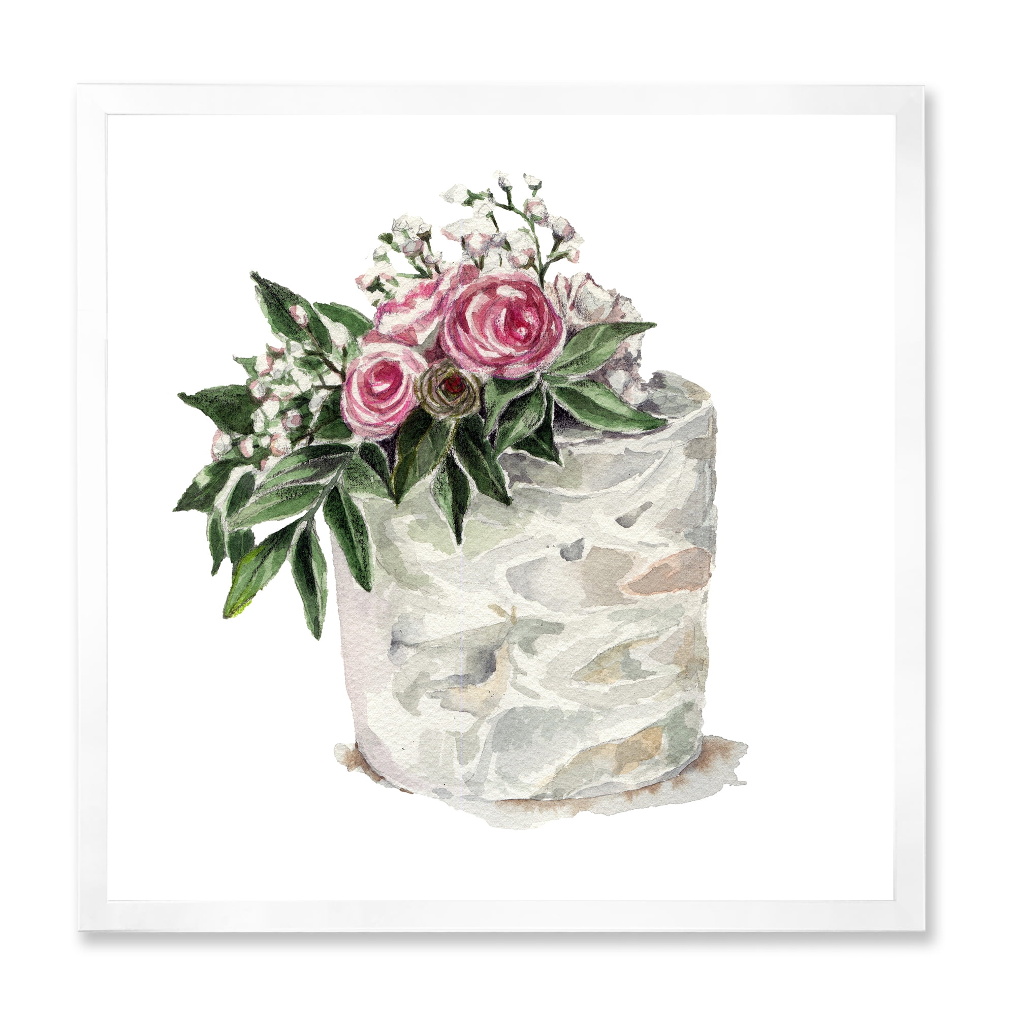 Designart 'White Flowers and Pink Roses On Cake' Traditional Framed Art Print
