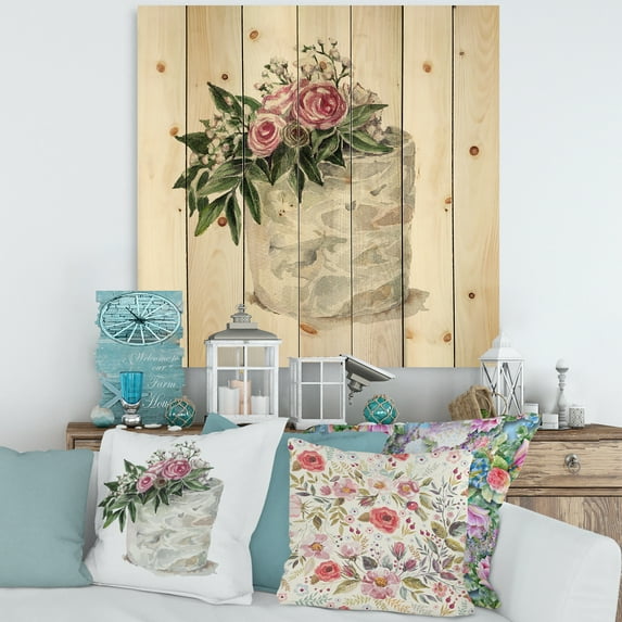 Designart 'White Flowers and Pink Roses On Cake' Traditional Print on Natural Pine Wood