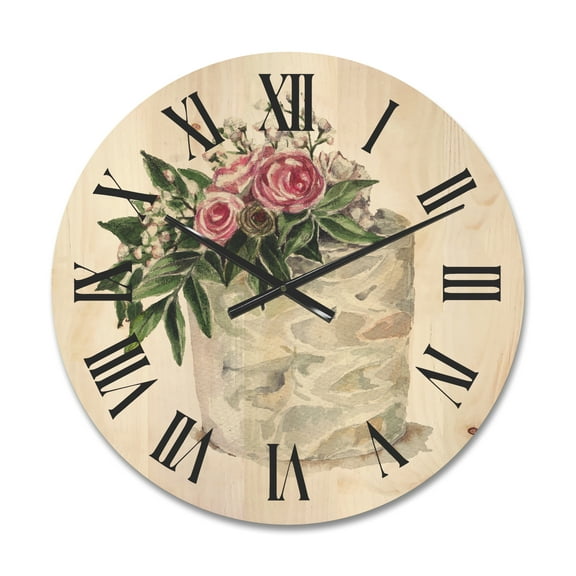 Designart 'White Flowers and Pink Roses On Cake' Traditional Wood Wall Clock