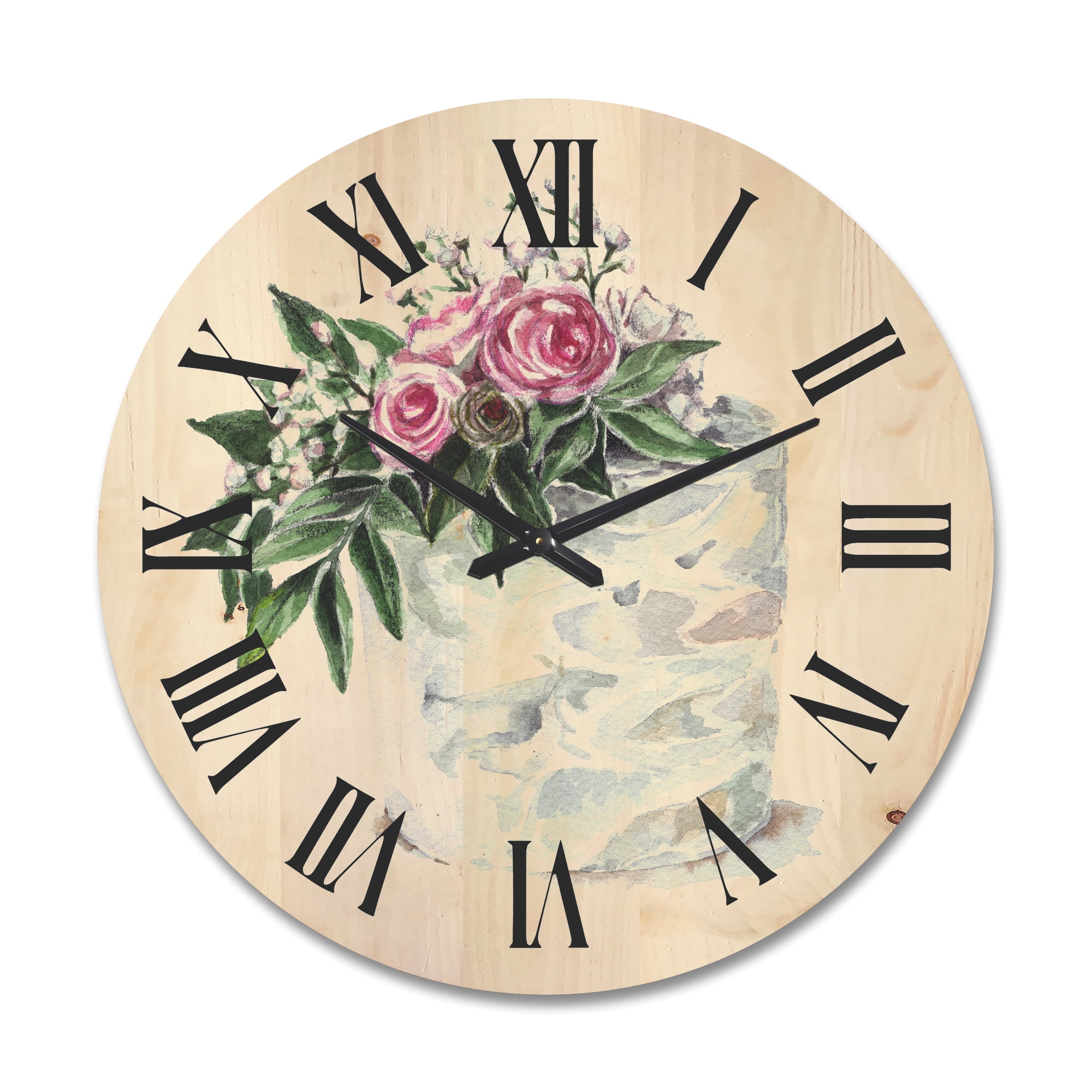 Designart 'White Flowers and Pink Roses On Cake' Traditional Wood Wall Clock