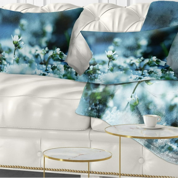 Designart White Flowers on Blue Background - Floral Throw Pillow - 12x20