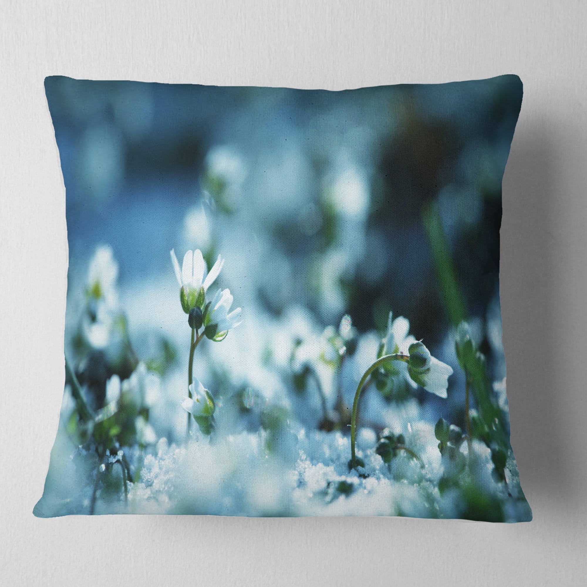 Designart White Flowers on Blue Background - Floral Throw Pillow - 16x16