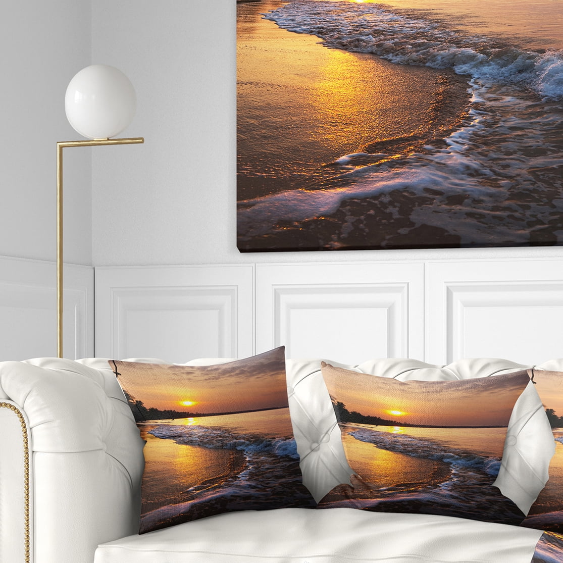 Designart White Foaming Waves at Sunset - Modern Beach Throw Pillow - 18x18
