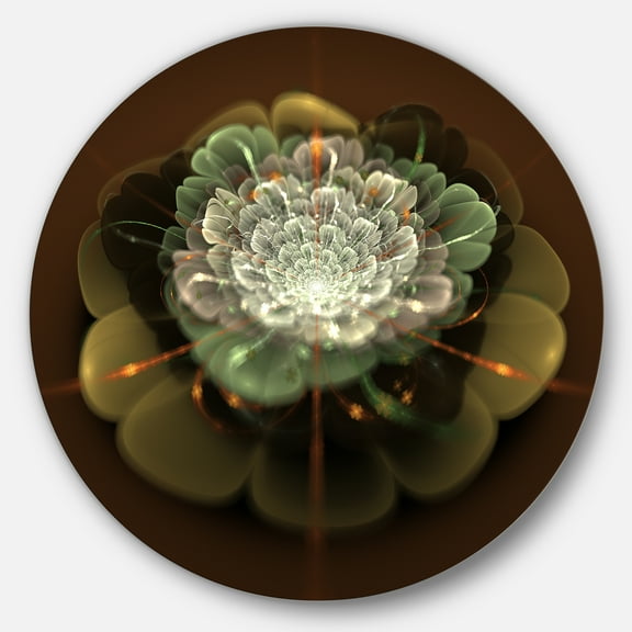 Designart 'White Fractal Flower on Brown' Disc Flower Artwork on Large Metal Circle Wall Art