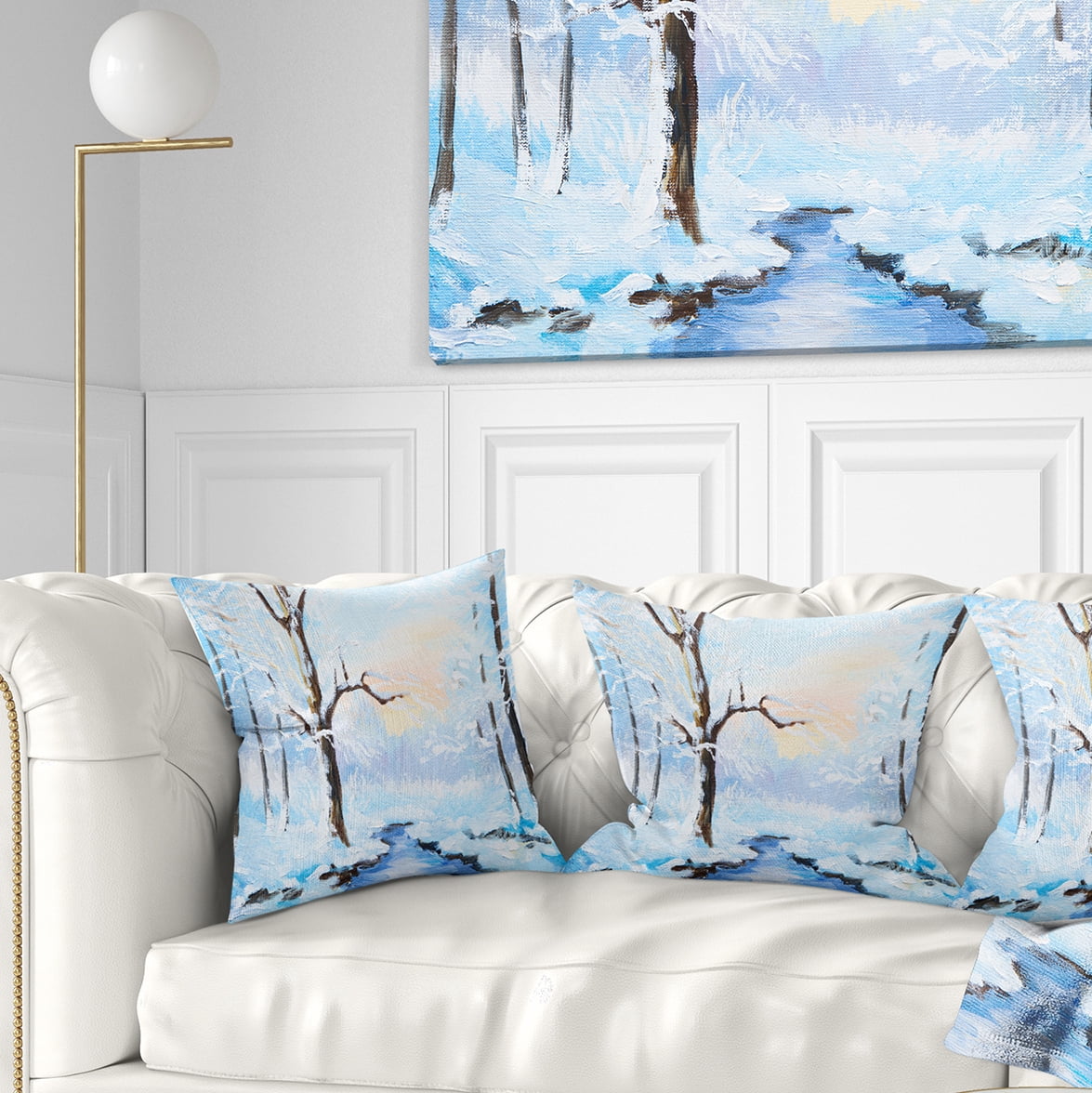 Designart White Frozen River in Forest - Landscape Painting Throw Pillow - 16x16