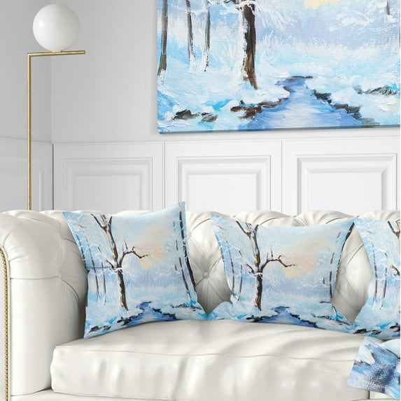 Designart White Frozen River in Forest - Landscape Painting Throw Pillow - 18x18