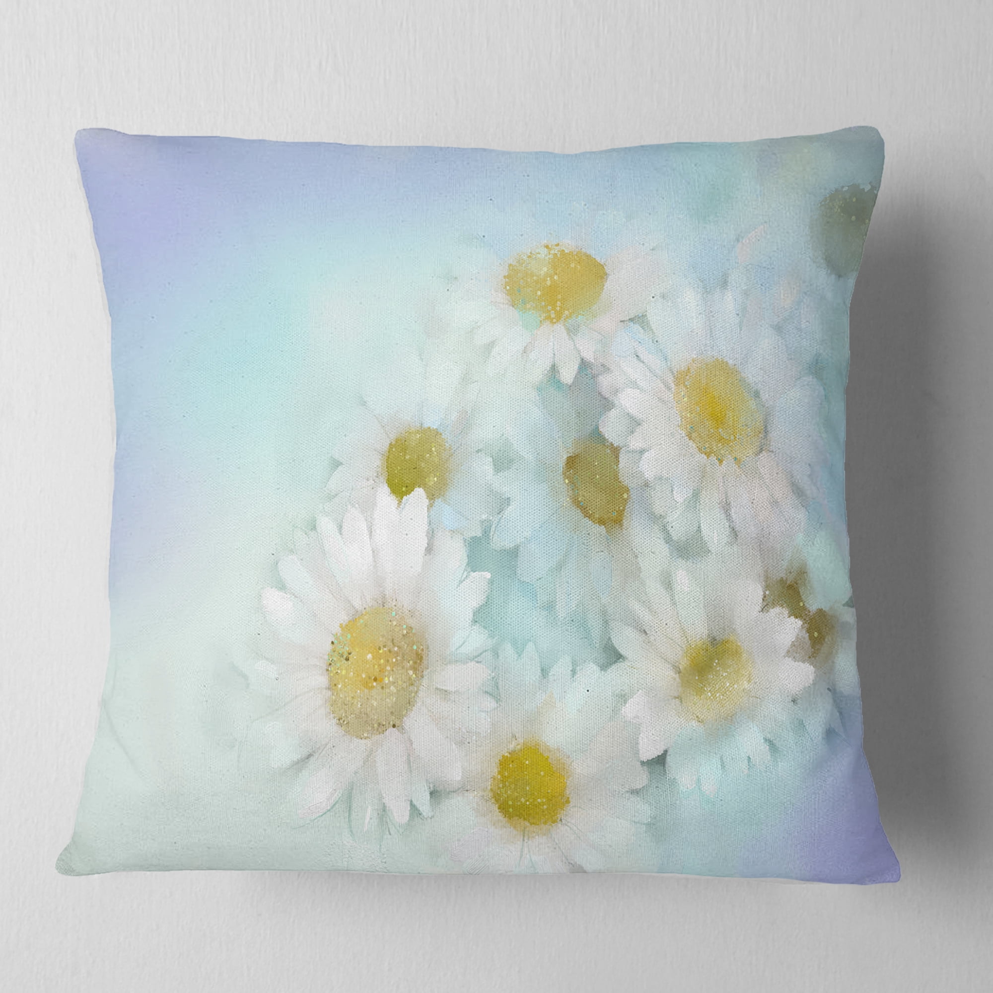 Designart White Gerbera Flowers on Light Blue - Floral Throw Pillow - 16x16