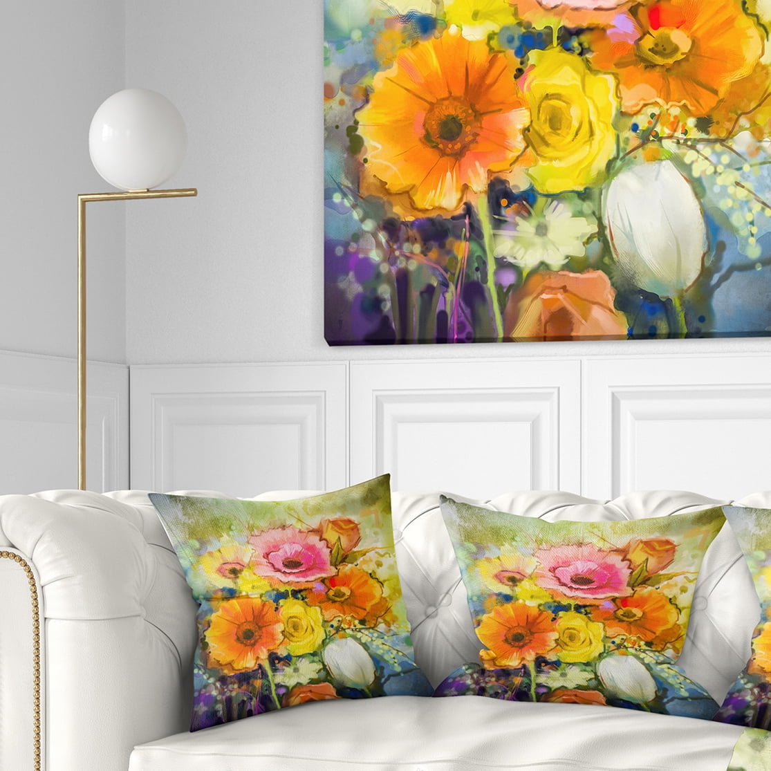 Designart White Gerbera Red Rose and Tulips - Floral Throw Pillow - 16x16