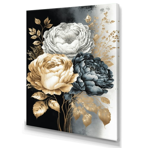 Designart White, Gold And Black Rose Bouquet I Canvas Wall Art