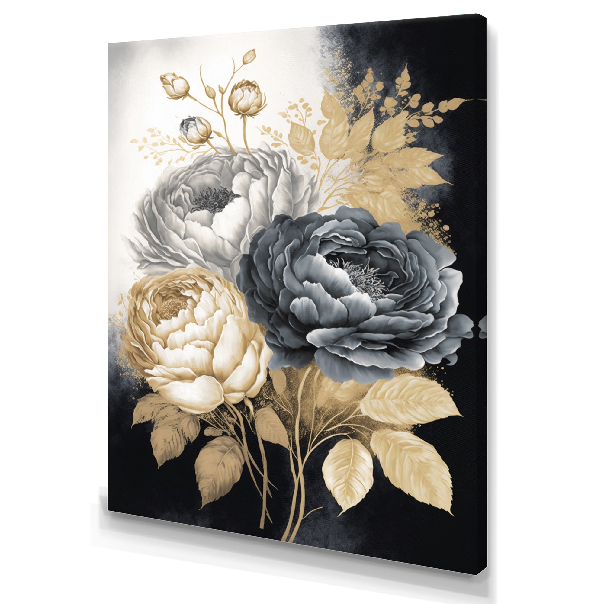 Designart White, Gold And Black Rose Bouquet II Canvas Wall Art