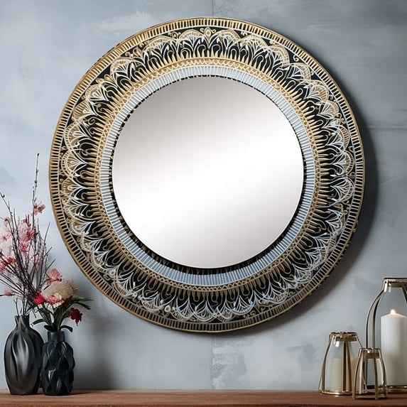 Designart "White and Gold Mandala Radiance I" Boho Mandala Round Mirror Wall Decor Traditional - Large White Round Bathroom Mirror - Round Mirror - 23" x 23"