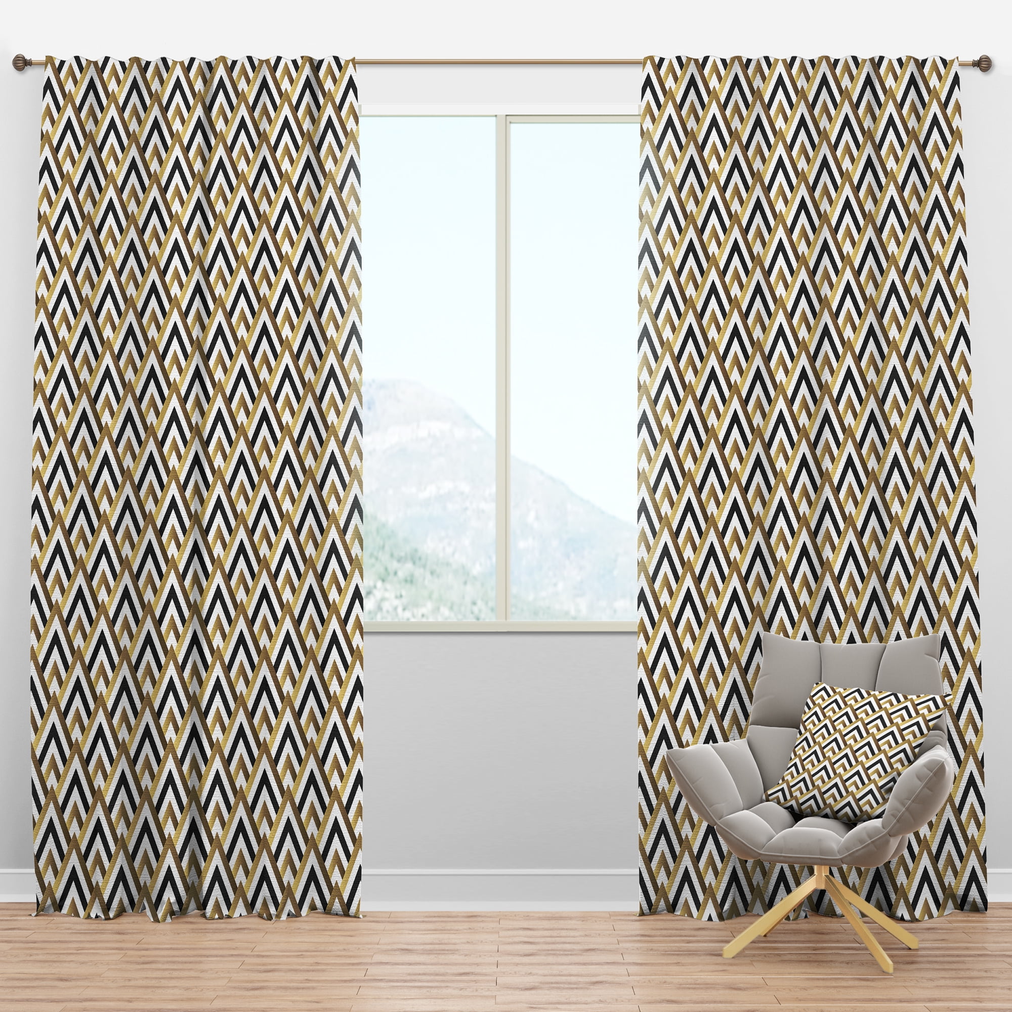 Designart 'White Gold and Black triangle' Mid-Century Modern Blackout Curtain Panel