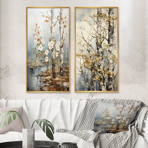 Designart "White Gray Tree Sycamore Euphony" Tree Sycamore Framed Wall Art Set Of 2 - Multi-Color Floral Framed Wall Art Set Of 2