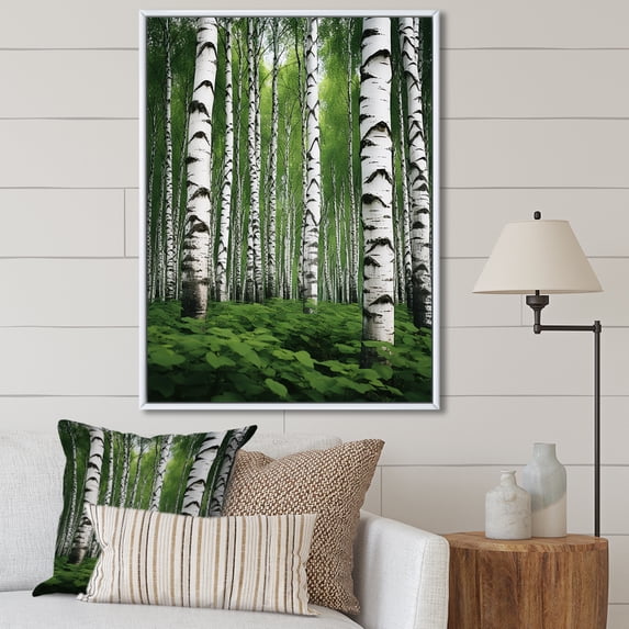 Designart "White Green Birch Tree I" Landscape & Nature Floater Framed Canvas Wall Art