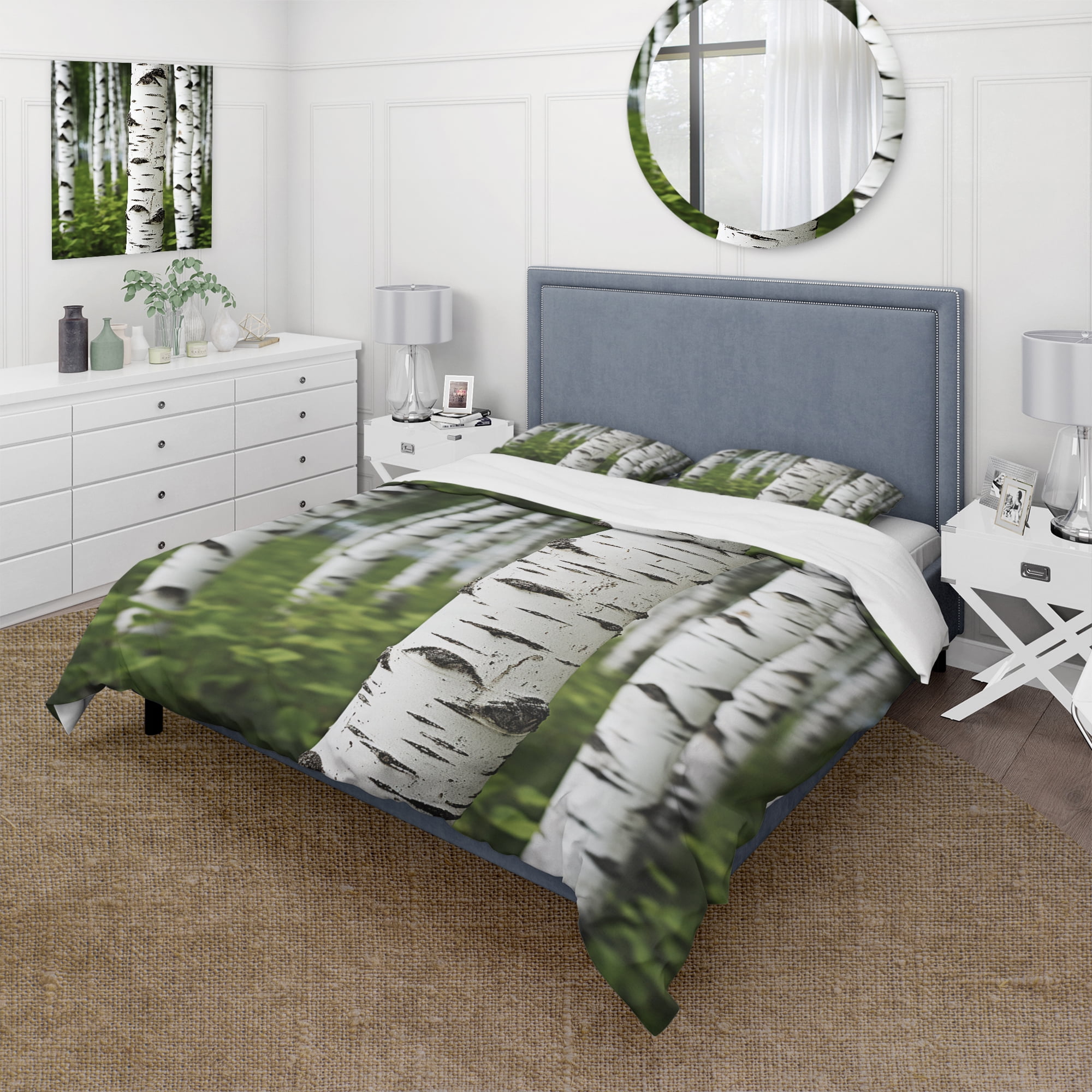 Twin White and Green Birch Tree Microfiber Duvet Cover Set