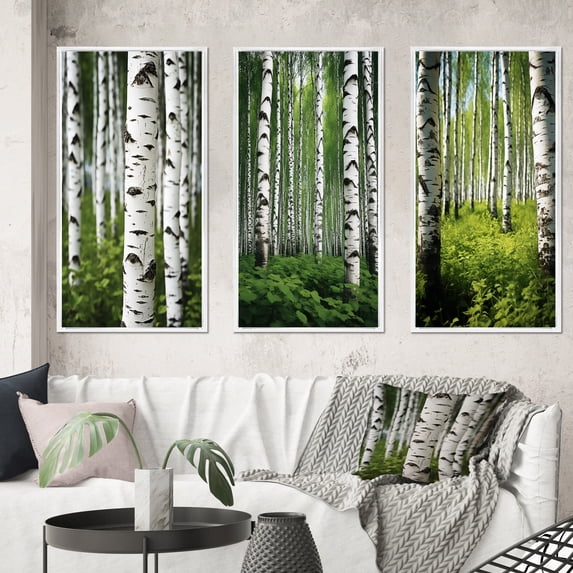 Designart "White Green Birch Tree III" Landscape & Nature Framed Wall Art Set Of 3 - Green Tree Birch Frame Gallery Wall Set For Home Decor