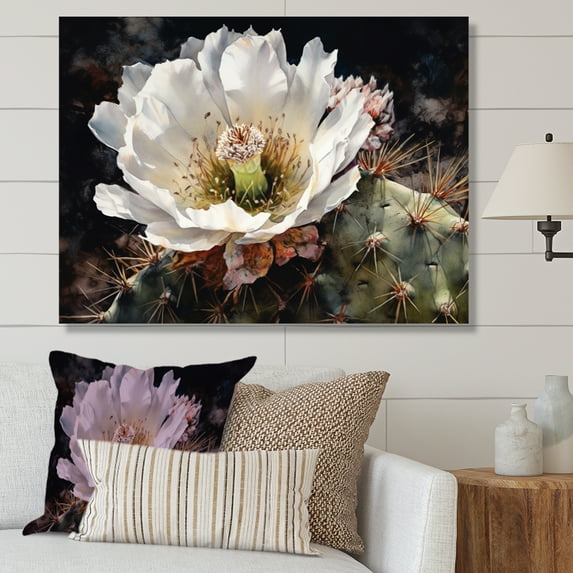 Designart "White Green Cactus Flower II" Floral Cactus Wall Art For Kitchen