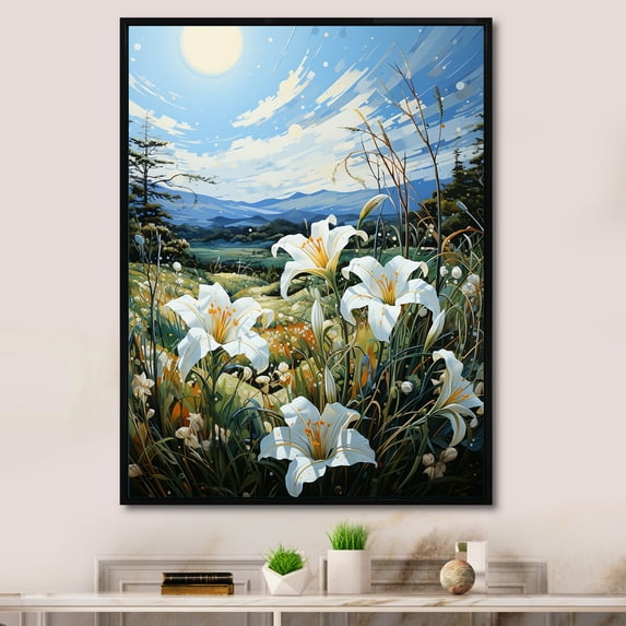 Designart "White Green Lilies landscape Pointillism Dot II" Floral Floater Framed Wall Art Print