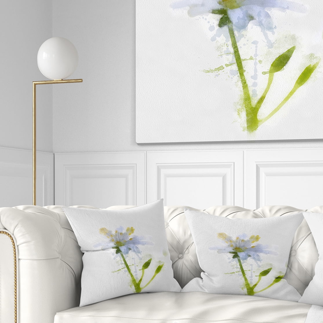 Designart White Green Watercolor Flower Sketch - Floral Throw Pillow - 16x16