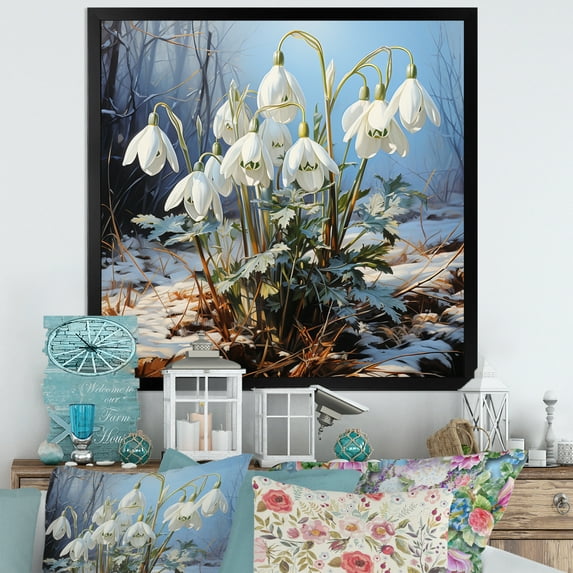 Designart "White Green beautyful Snowdrops Flowers" Floral Floater Framed Wall Decor