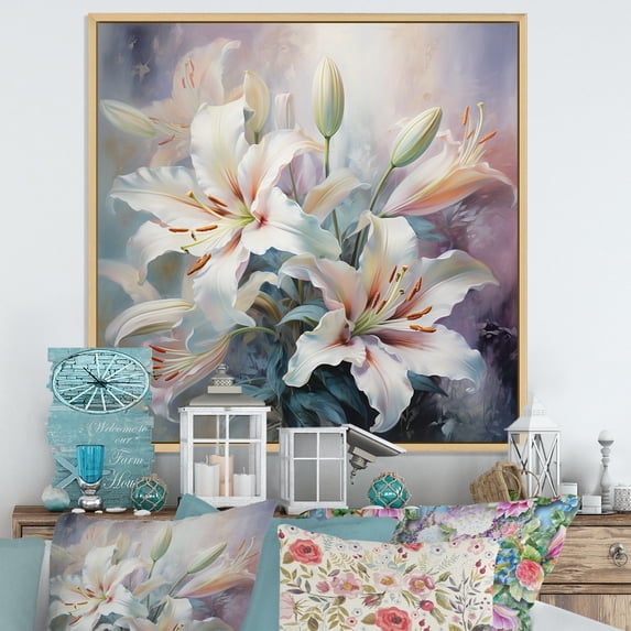 Designart "White Grey Lilies love expression" Floral Floater Framed Wall Art Print