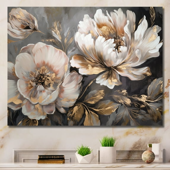 Designart "White Grey Peony Blooms In Motion IV" Floral Peony Canvas Art Print