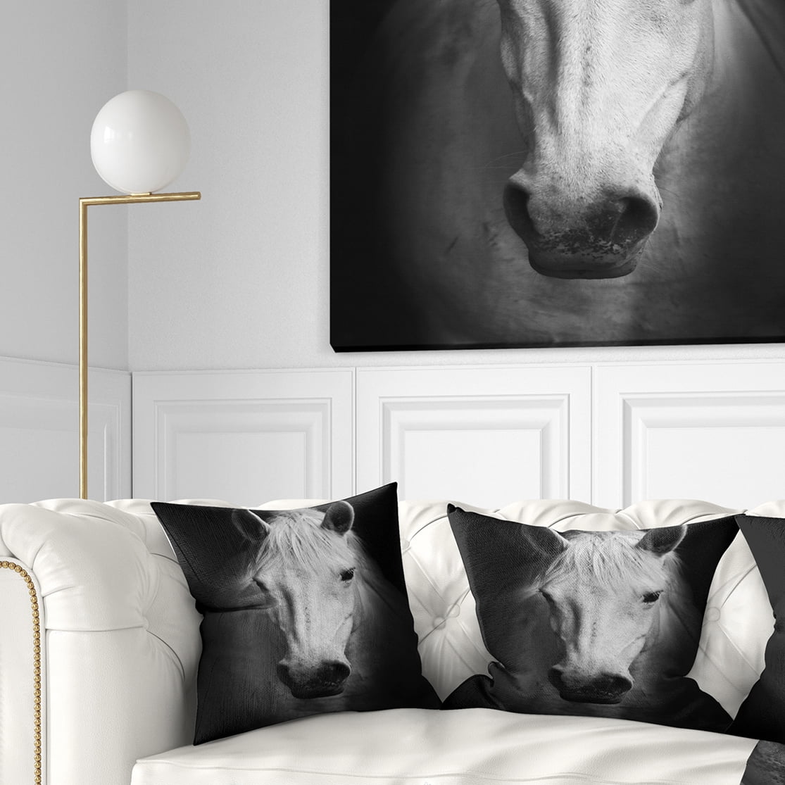 Designart White Horse Black and White - Animal Throw Pillow - 16x16