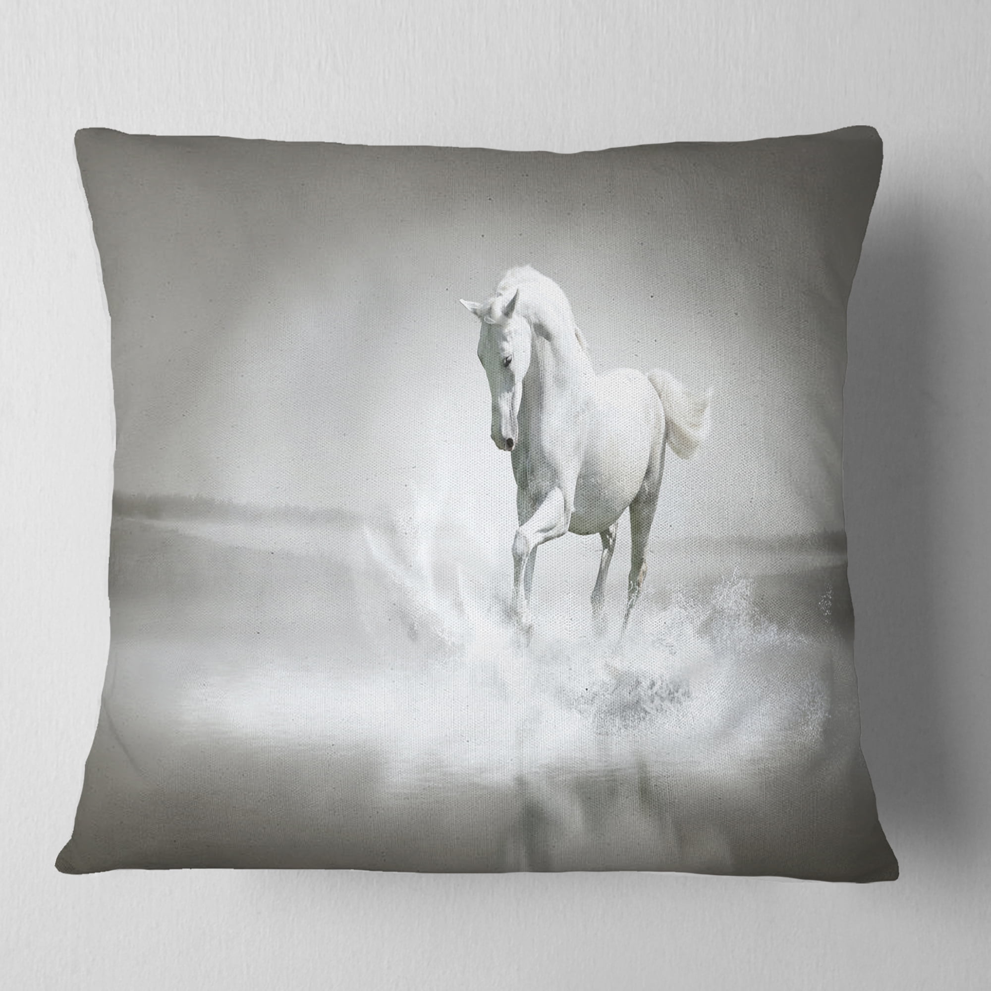 Designart White Horse Running in Water - Animal Throw Pillow - 16x16