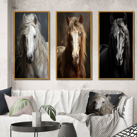 Designart "White Horse Subtle " Animals Framed Wall Art Set Of 3 - White Horse Frame Gallery Set For Office Decor