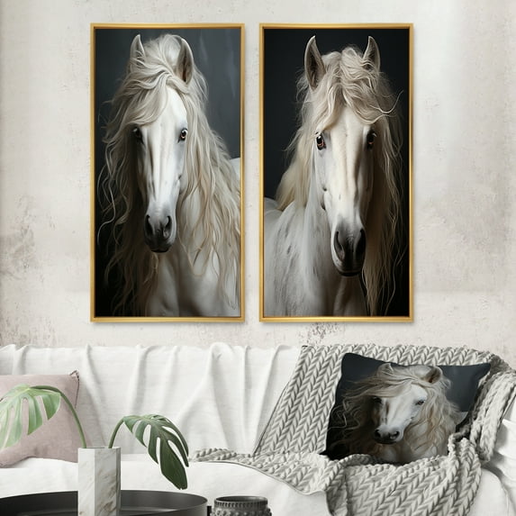 Designart "White Horse Subtle " Horse Framed Wall Art Set Of 2 - White Animals Framed Canvas Set For Living Room Decor