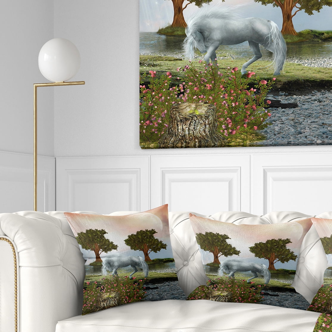 Designart White Horse and Green Trees - Landscape Printed Throw Pillow - 18x18