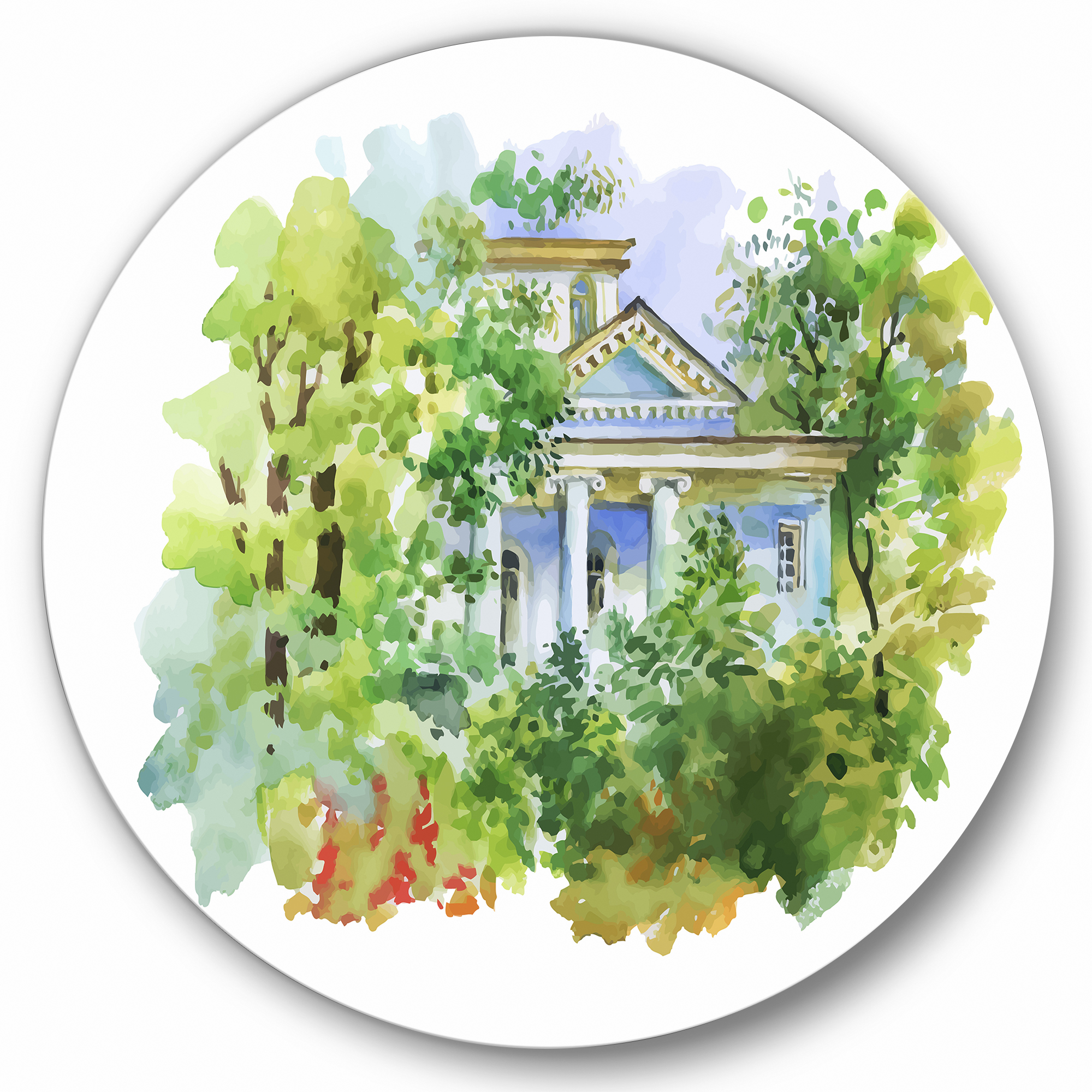 Designart 'White House In The Green Woods' Traditional Circle Metal Wall Art 29x29 - Disc of 29