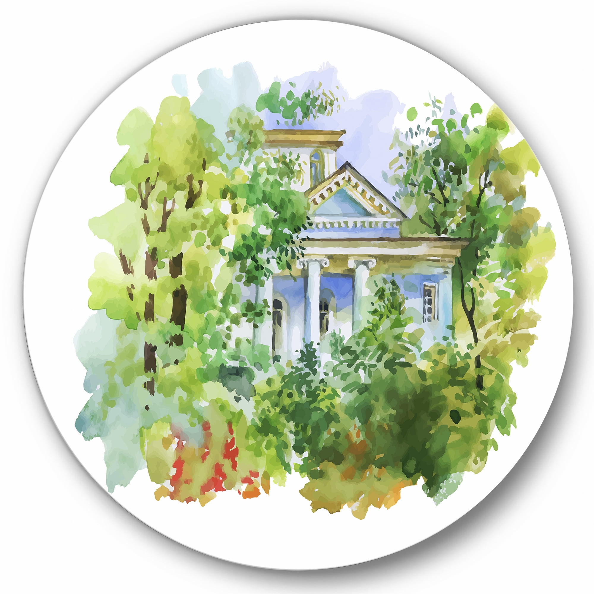 Designart 'White House In The Green Woods' Traditional Circle Metal Wall Art 36x36 - Disc of 36