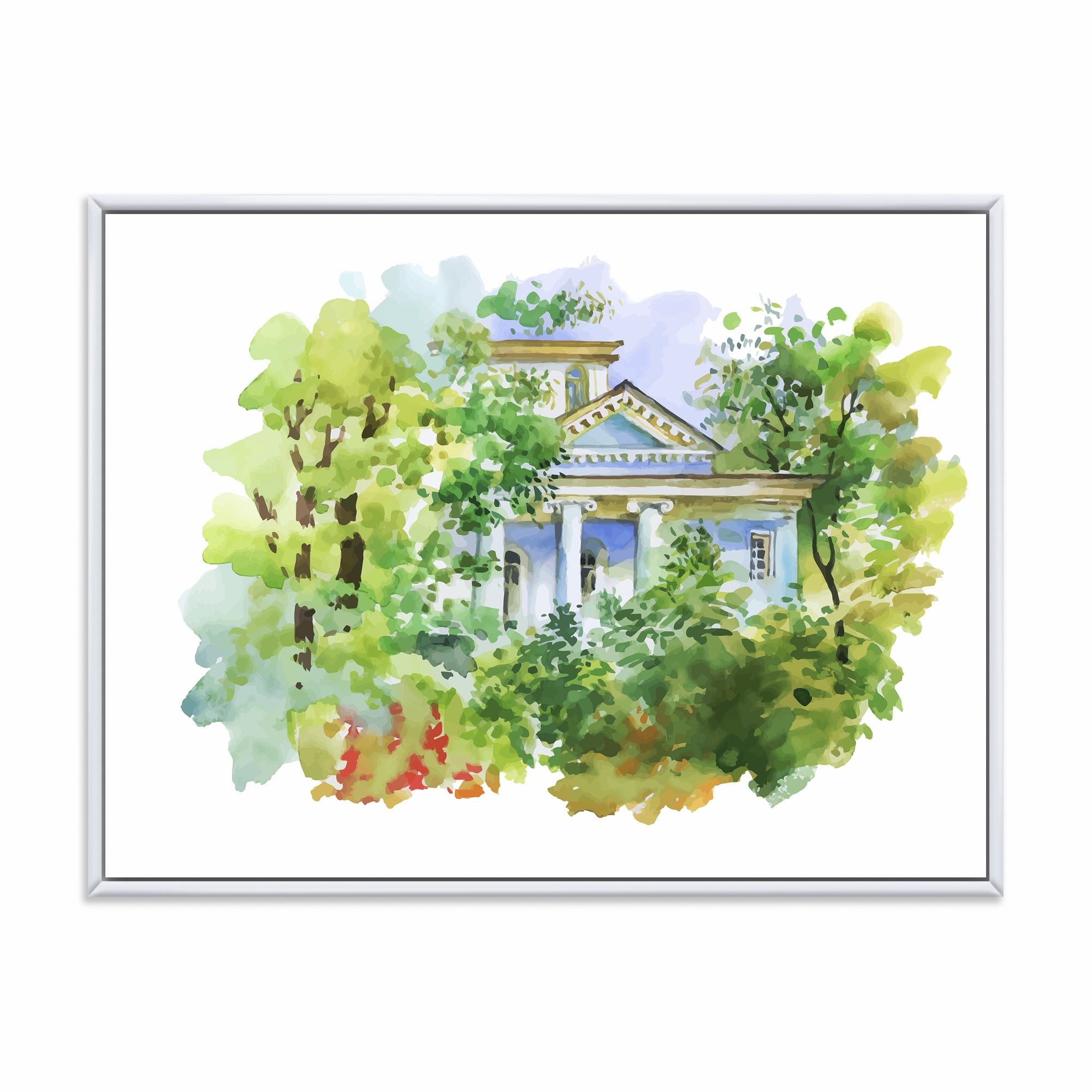 Designart 'White House In The Green Woods' Traditional Framed Canvas Wall Art Print