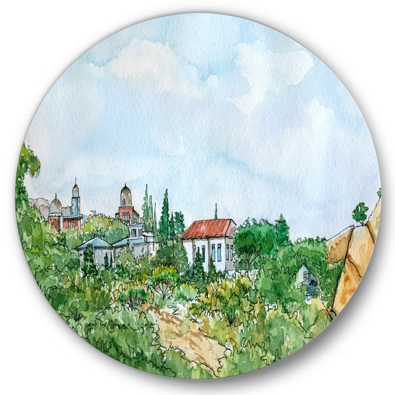 Designart 'White House With Red Roof In The Lush Green Countryside' Traditional Circle Metal Wall Art 23x23 - Disc of 23