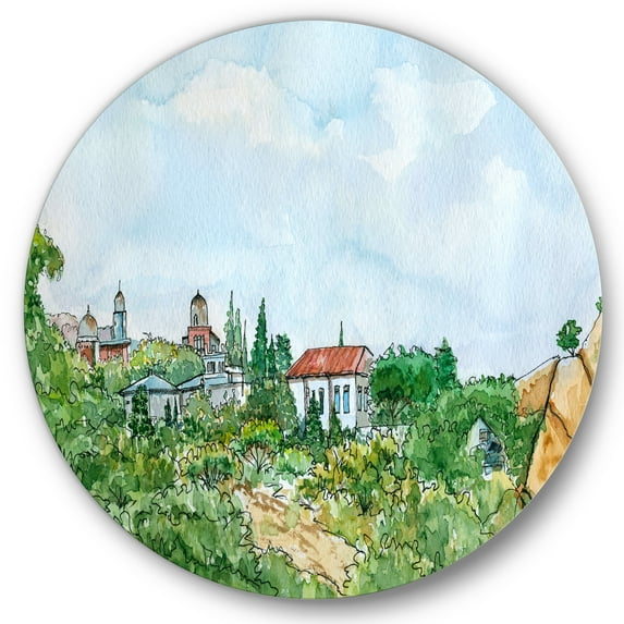Designart 'White House With Red Roof In The Lush Green Countryside' Traditional Circle Metal Wall Art 29x29 - Disc of 29