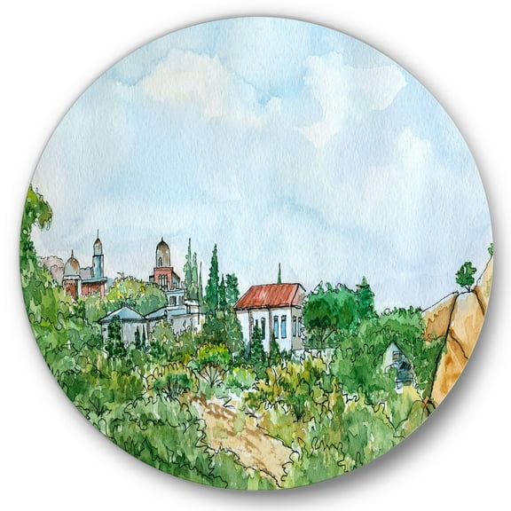 Designart 'White House With Red Roof In The Lush Green Countryside' Traditional Circle Metal Wall Art 36x36 - Disc of 36