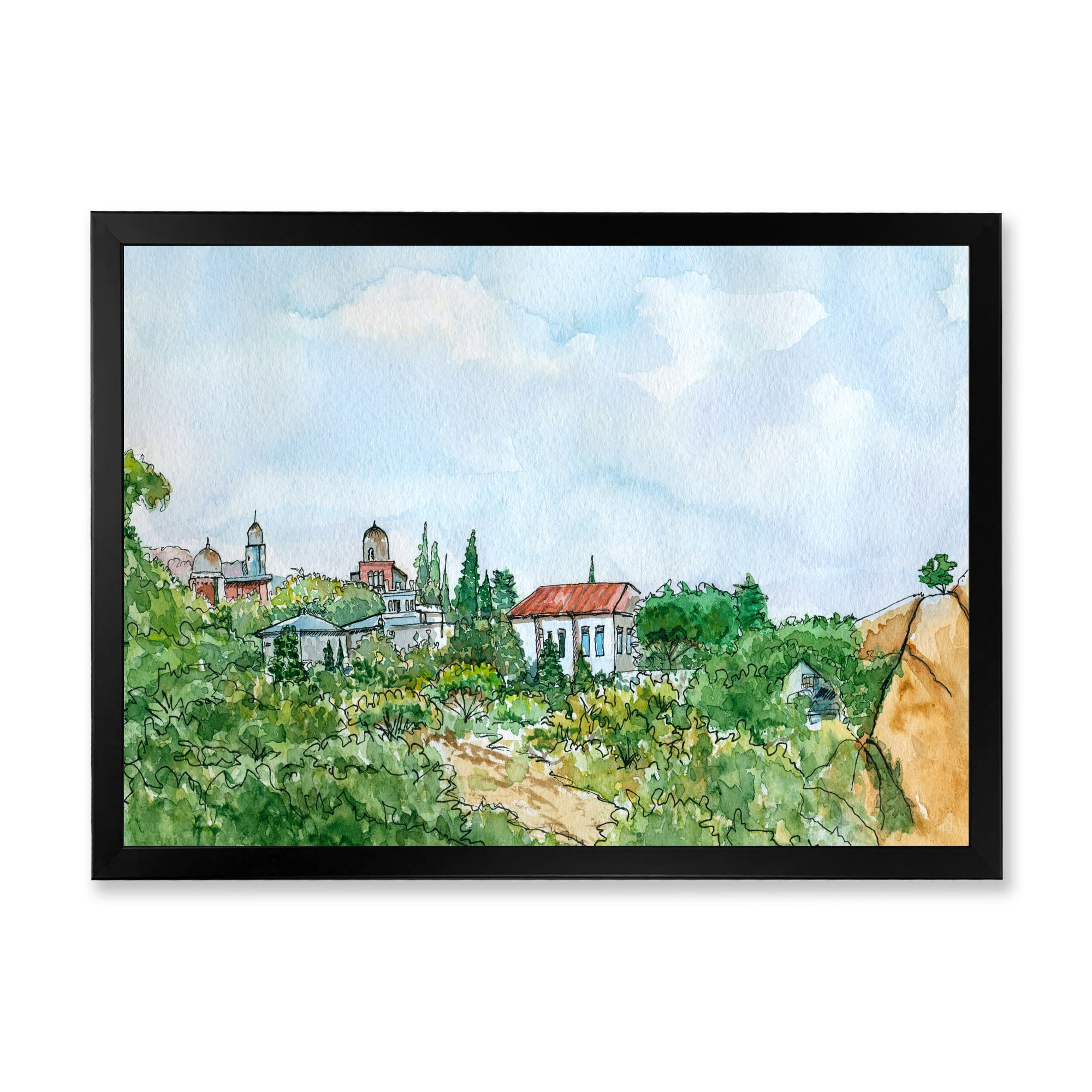 Designart 'White House With Red Roof In The Lush Green Countryside' Traditional Framed Art Print