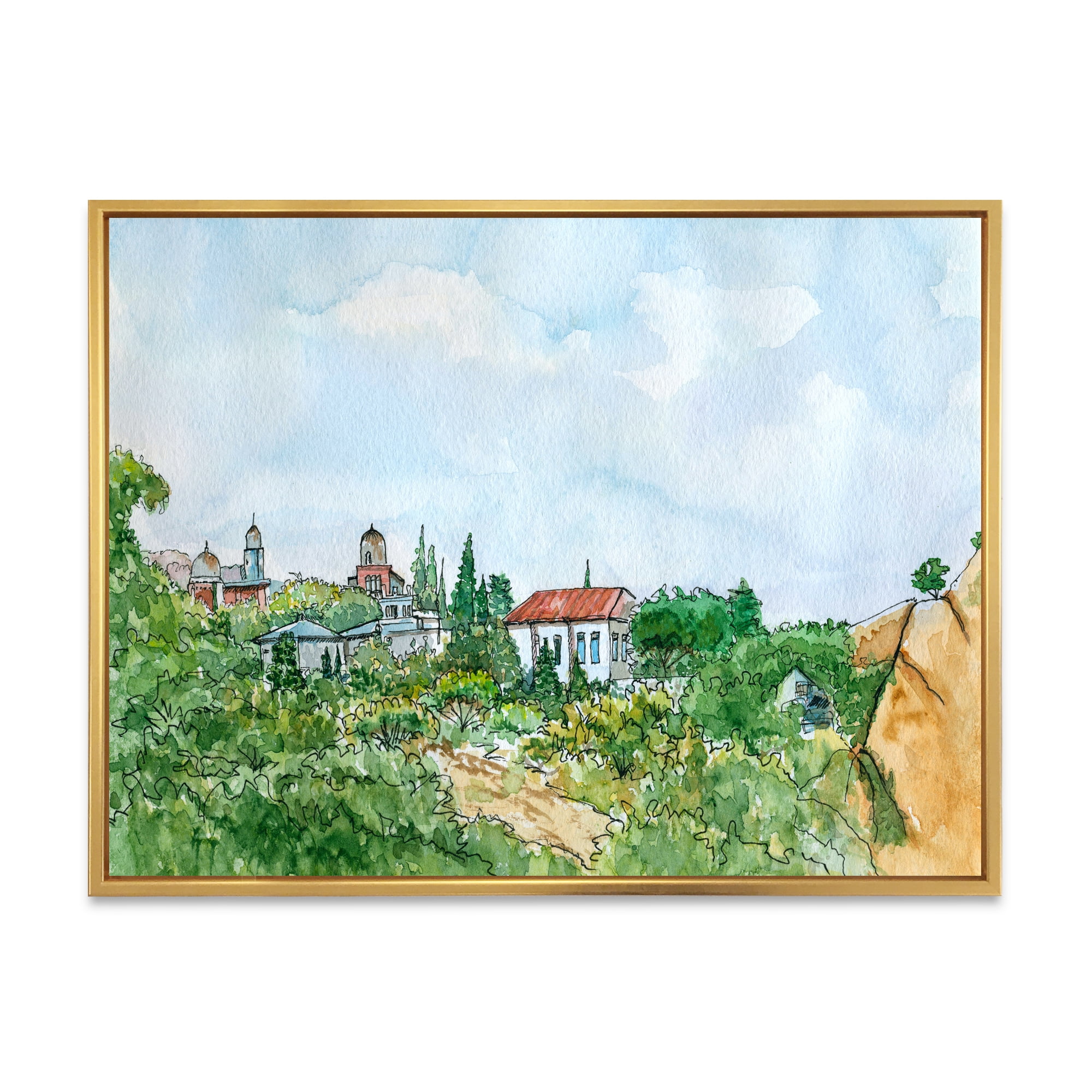 Designart 'White House With Red Roof In The Lush Green Countryside' Traditional Framed Canvas Wall Art Print