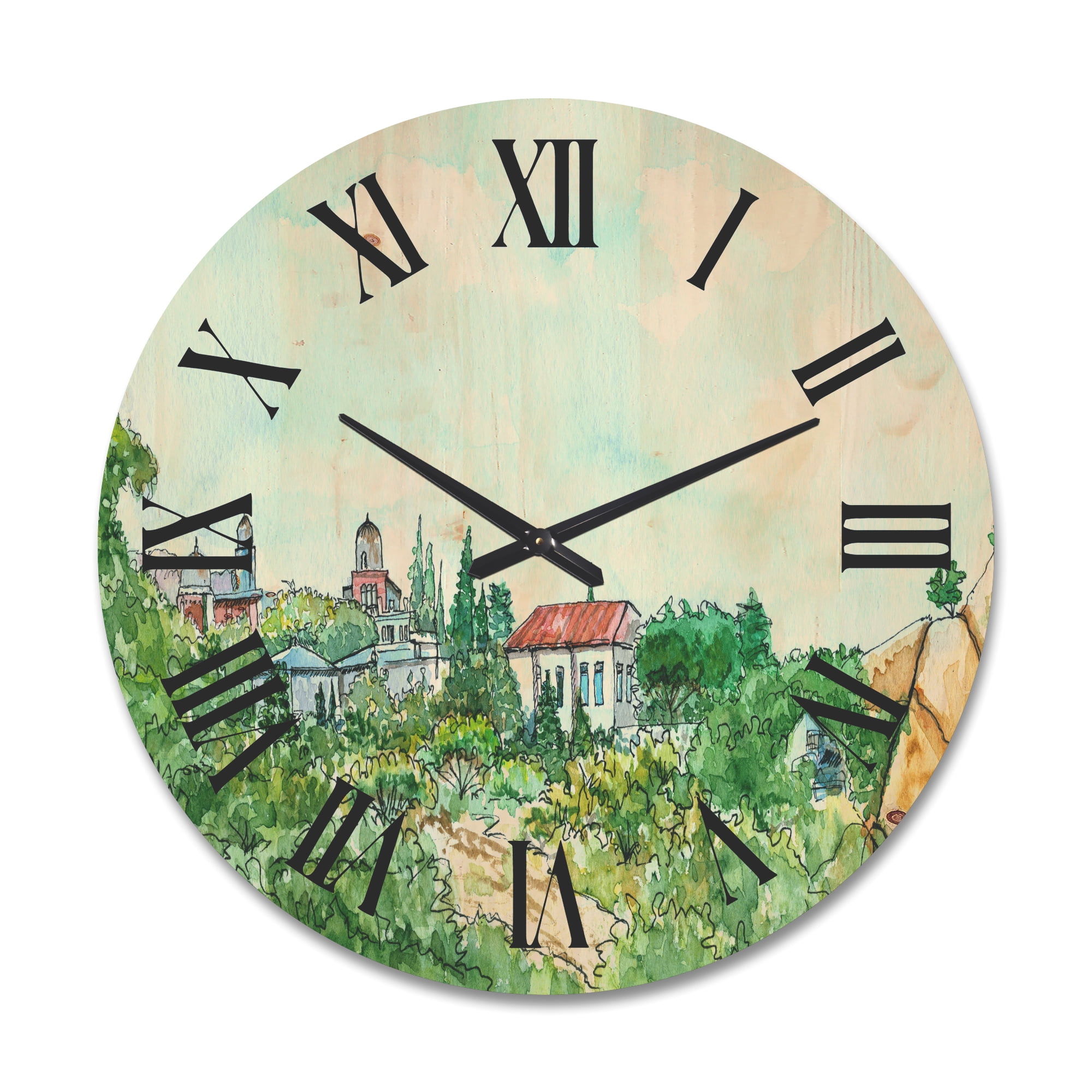 Designart 'White House With Red Roof In The Lush Green Countryside' Traditional Wood Wall Clock